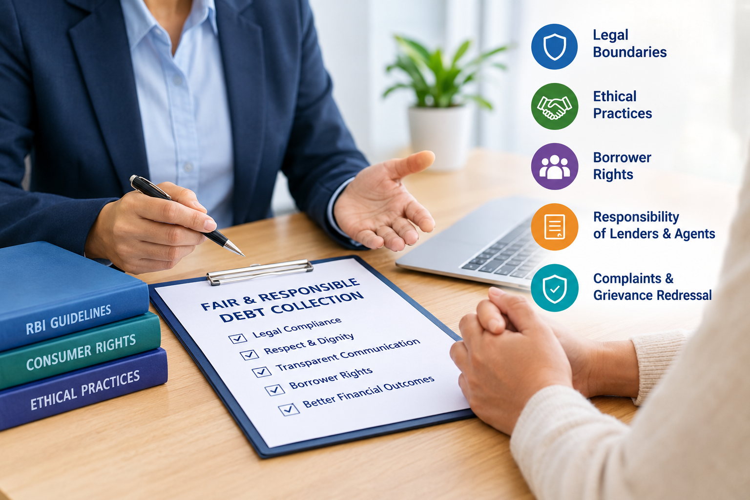 A professional debt recovery advisor discussing legal and ethical debt collection practices, borrower rights, RBI guidelines, and responsible loan recovery.